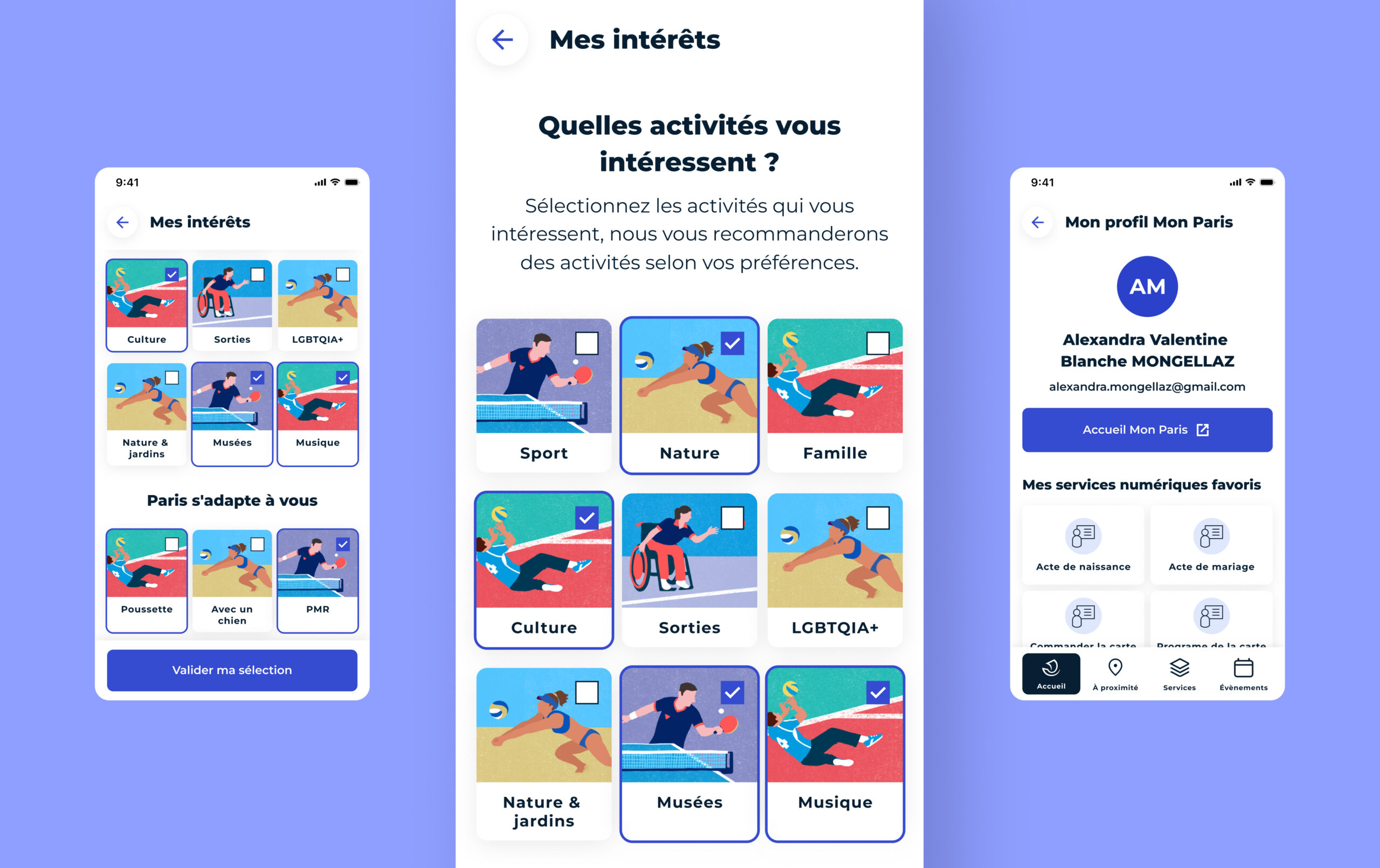 Image-Paris-07 Vue montrant les écrans de personnalisation de l'application selon ses intérêts